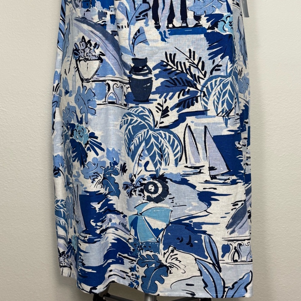 London Times Linen Blend Halter Sleeveless Seaside Print Shift A-Line Dress 8-10 - Picture 5 of 12